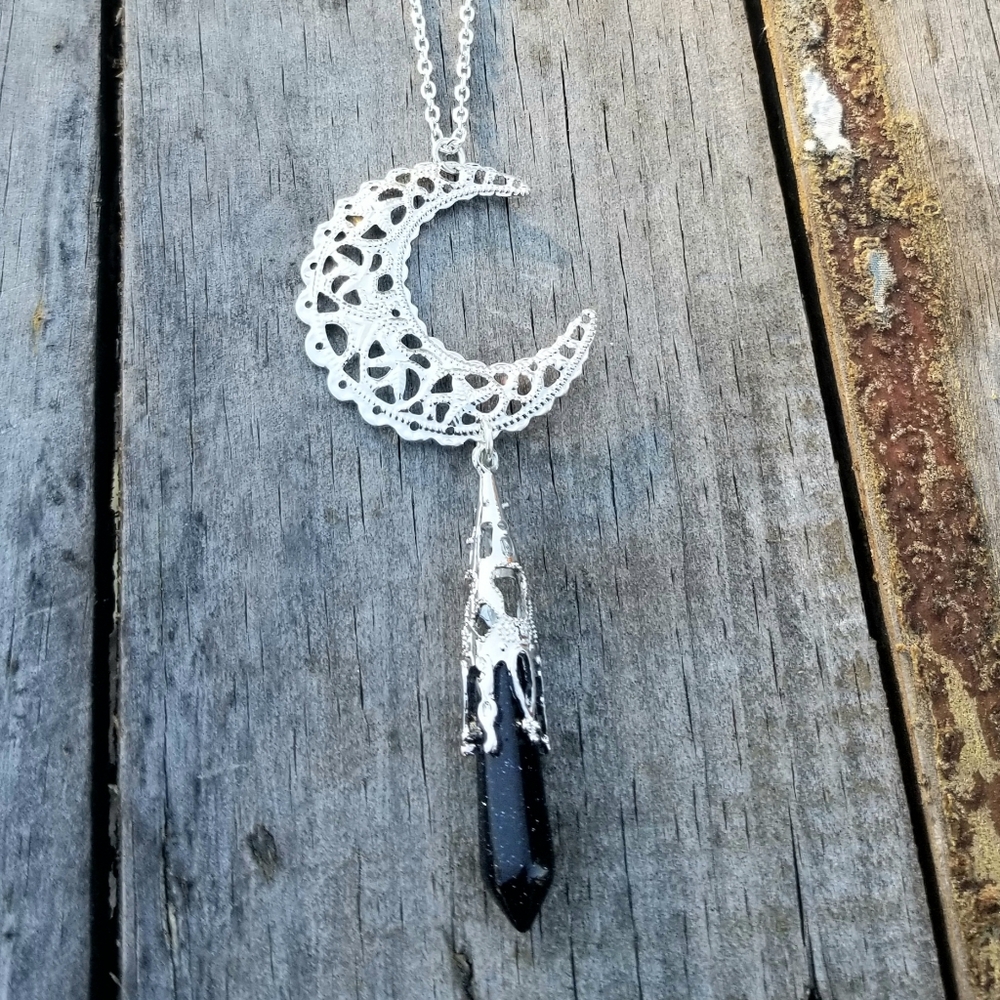 Large Filigree Crescent Moon Blue Sandstone Pendulum Pendant Necklace Bohemian